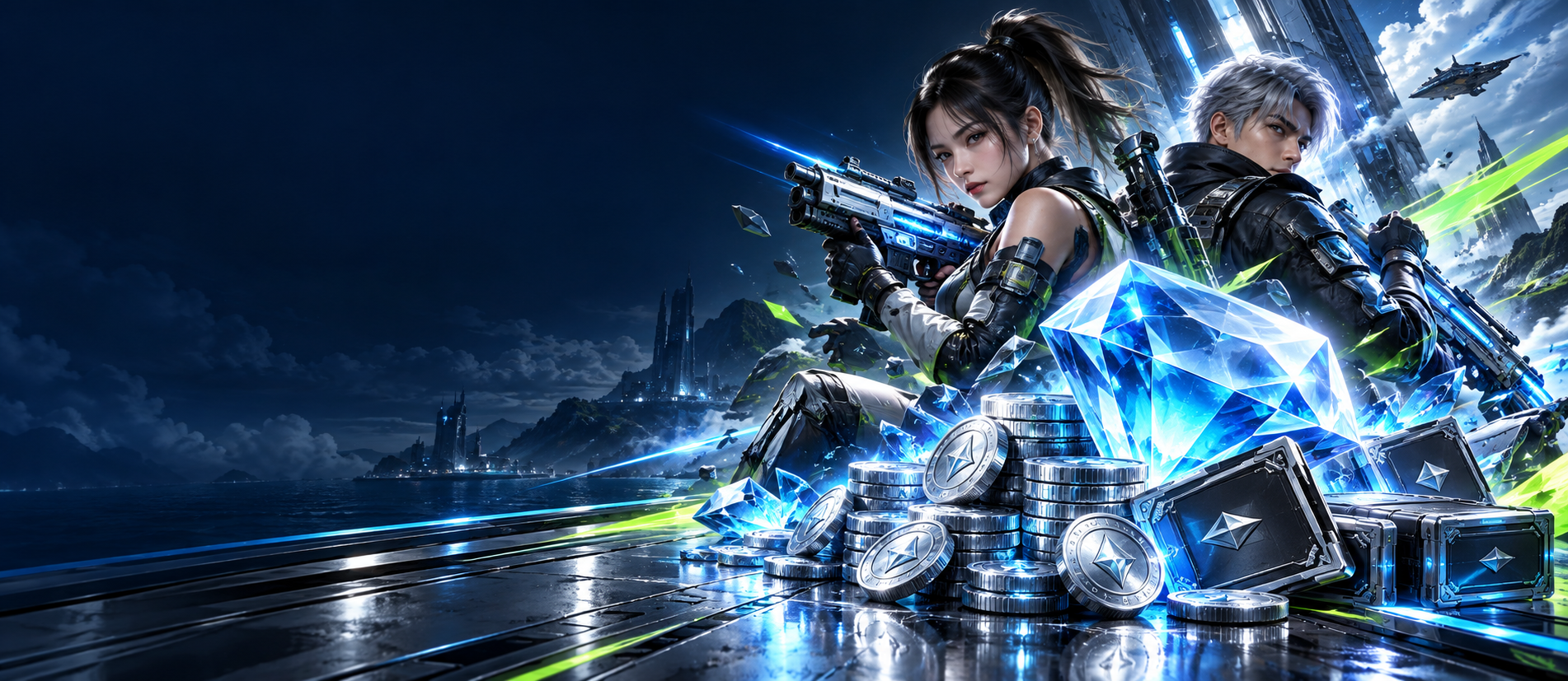 Karakter game, diamond biru, koin, dan voucher digital